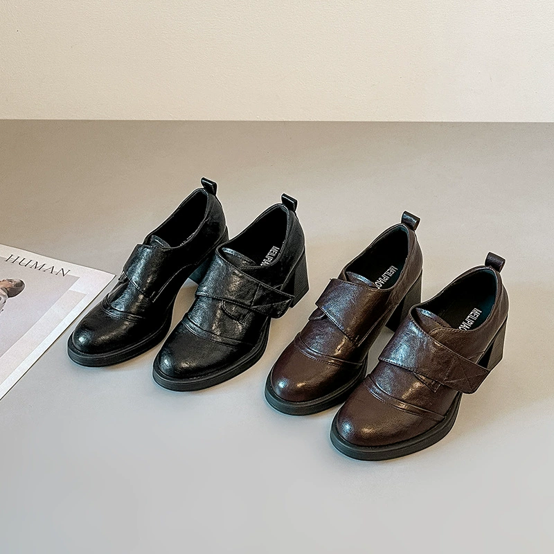 Soft Leather French Deep Mouth Magic Tape High Heel Loafers Women Round