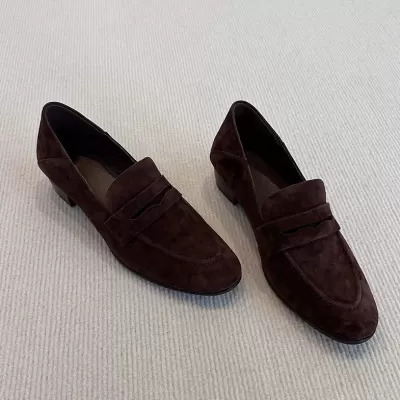 Retro Brown Round Toe Chunky Heel Loafers Women Office Slip-on Simple · YANYAN China shoe factory