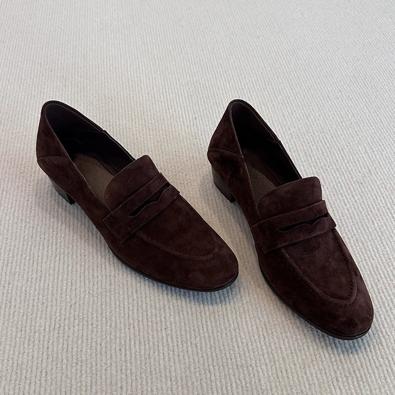 Retro Brown Round Toe Chunky Heel Loafers Women Office Slip-on Simple