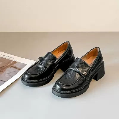 Women's British Thick Sole Loafers, Camellia Print Retro Slip-On Shoes for Spring 2026 · YANYAN China shoe factory