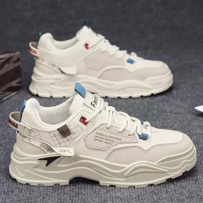 Men's Spring Casual Work Board Shoes Leather Waterproof Heightening White Sneakers