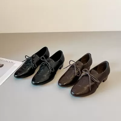 Women's British Chunky Heel Loafers, Retro Lace-Up Deep Mouth Shoes for Spring 2026 · YANYAN China shoe factory
