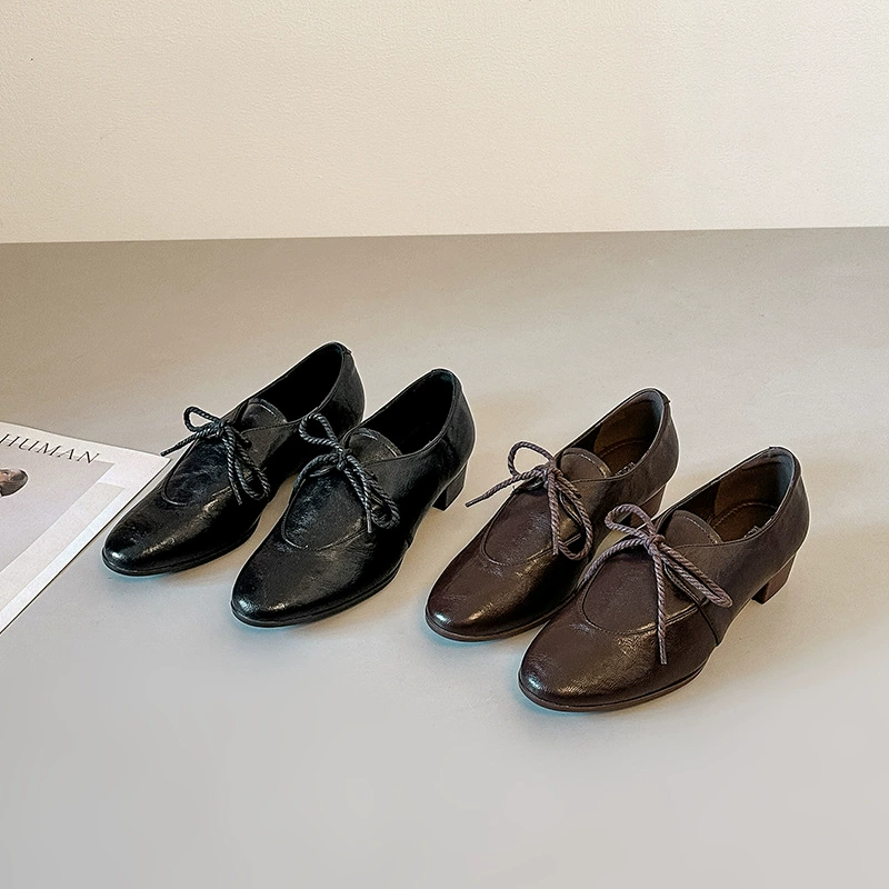Women's British Chunky Heel Loafers, Retro Lace-Up Deep Mouth Shoes for Spring 2026