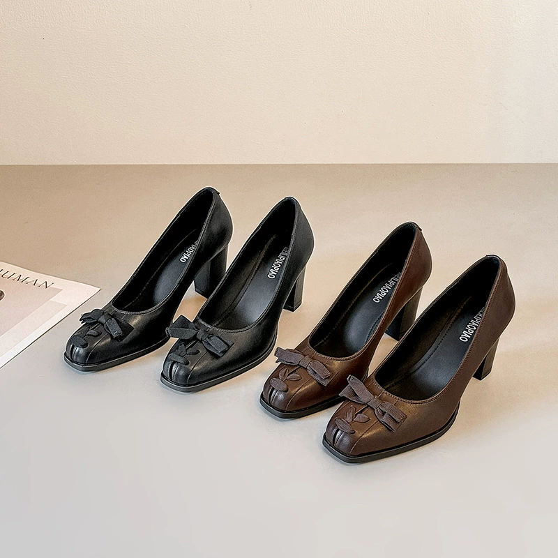 Women's Retro Square Toe Pumps with Bow, Chunky Heel Office Shoes for Spring