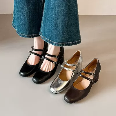 Women's French Retro Square Toe Mary Jane Shoes, Chunky Heel with Buckle Strap · YANYAN China shoe factory