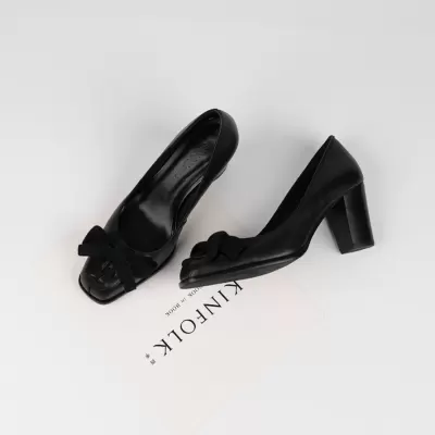 Women's French Retro Square Toe Pumps with Bow, Chunky Heel Office Shoes · YANYAN China shoe factory