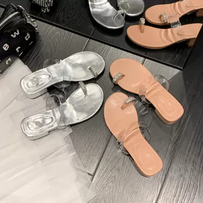 Women's Sparkle Round Toe Transparent Strap Flat Sandals, Low Chunky Heel for Spring · YANYAN China shoe factory
