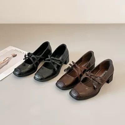 Women's French Retro Square Toe Mary Jane Shoes, Cross Strap Bow Chunky Heel Pumps · YANYAN China shoe factory