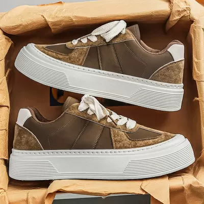 Men's Leather Pure Color Training Shoes 2026 Spring Thick Sole Heightening Casual Shoes