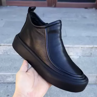 2025 Fall Men's Black Leather Short Boots Slip-on Driving Shoes Casual Premium
