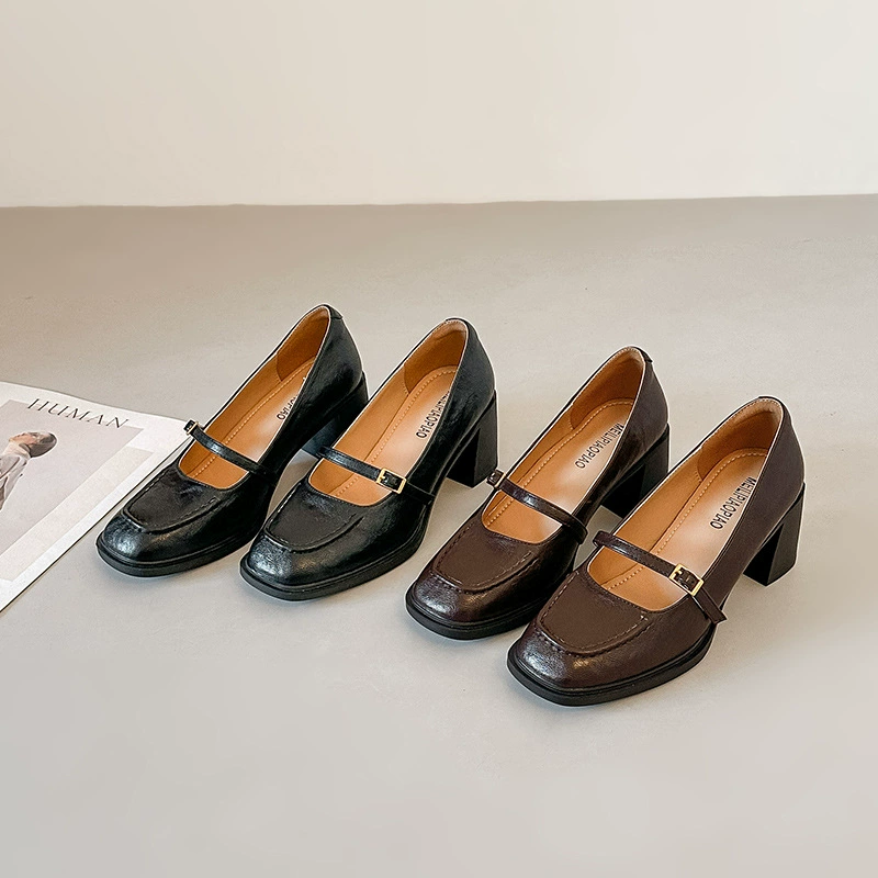 Women's Retro Office Chunky Heel Mary Jane Shoes, Square Toe Leather Pumps