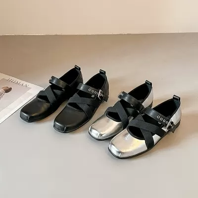 Women's French Ballet Cross Strap Square Toe Mary Jane Shoes, Flat Pumps for Spring · YANYAN China shoe factory