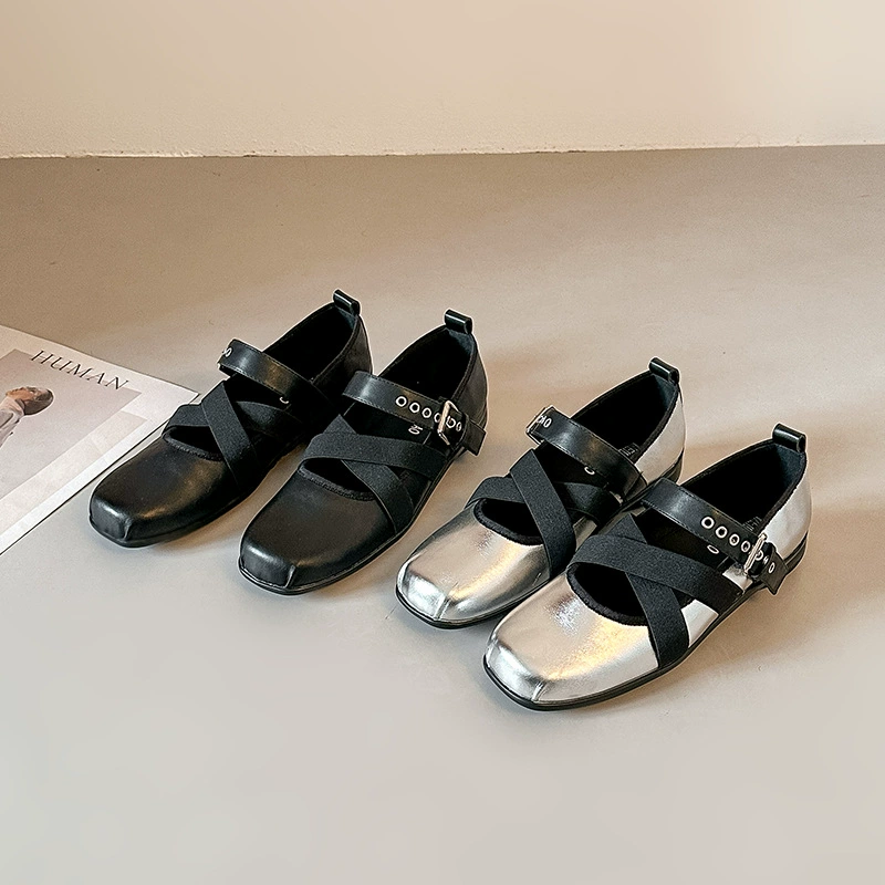 Women's French Ballet Cross Strap Square Toe Mary Jane Shoes, Flat Pumps for Spring