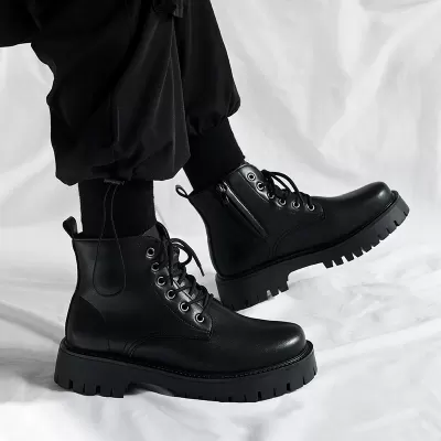 Men's Spring New British Leather Shoes Martin Boots Motorcycle Side Zipper Thick Sole Short Boots