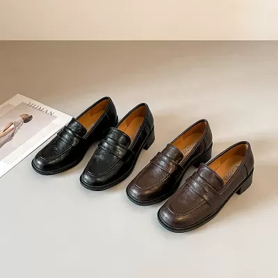 Women's British Retro Loafers, Soft Leather Chunky Heel Casual Shoes for Spring 2026 · YANYAN China shoe factory