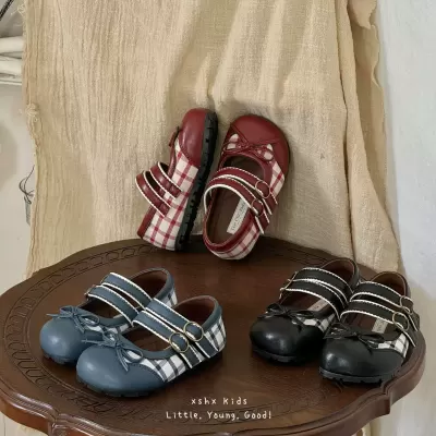 XSHX Scottish Plaid Pastoral Mary Jane Girls Spring Summer Hook & Loop Anti-Slip Wide Toe