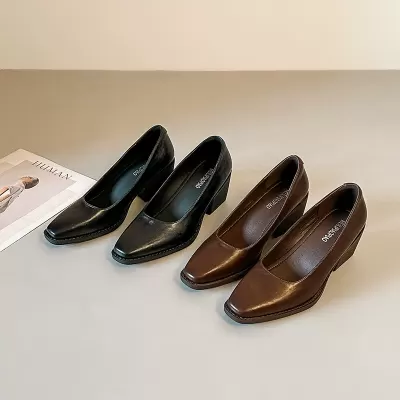 Women's Square Toe Chunky Heel Pumps, 7cm Heel Soft Leather Office Shoes for Early Spring 2026 · YANYAN China shoe factory