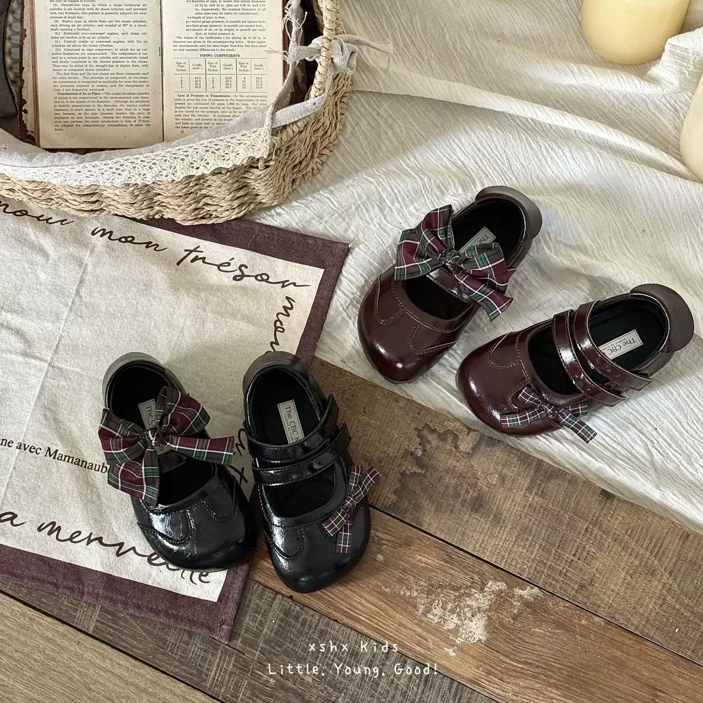 XSHX British Plaid Mädchen Mary Jane Anti-Rutsch Weite Zehe Klett Stabiler Absatz Retro
