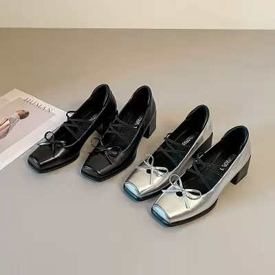 Women's Retro Square Toe Mary Jane Shoes, Chunky Heel Cross Strap Bow Pumps in Silver Black · YANYAN China shoe factory
