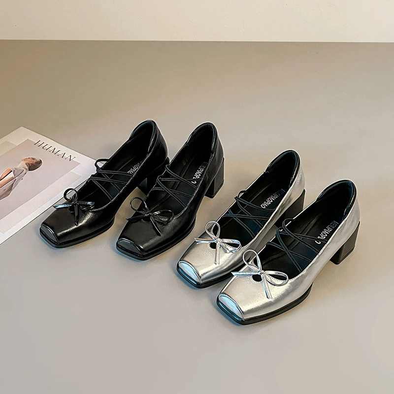 Women's Retro Square Toe Mary Jane Shoes, Chunky Heel Cross Strap Bow Pumps in Silver Black