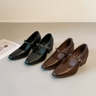 Women's Retro Square Toe Mary Jane Shoes, Chunky Heel Buckle Strap Office Pumps for Spring · YANYAN China shoe factory