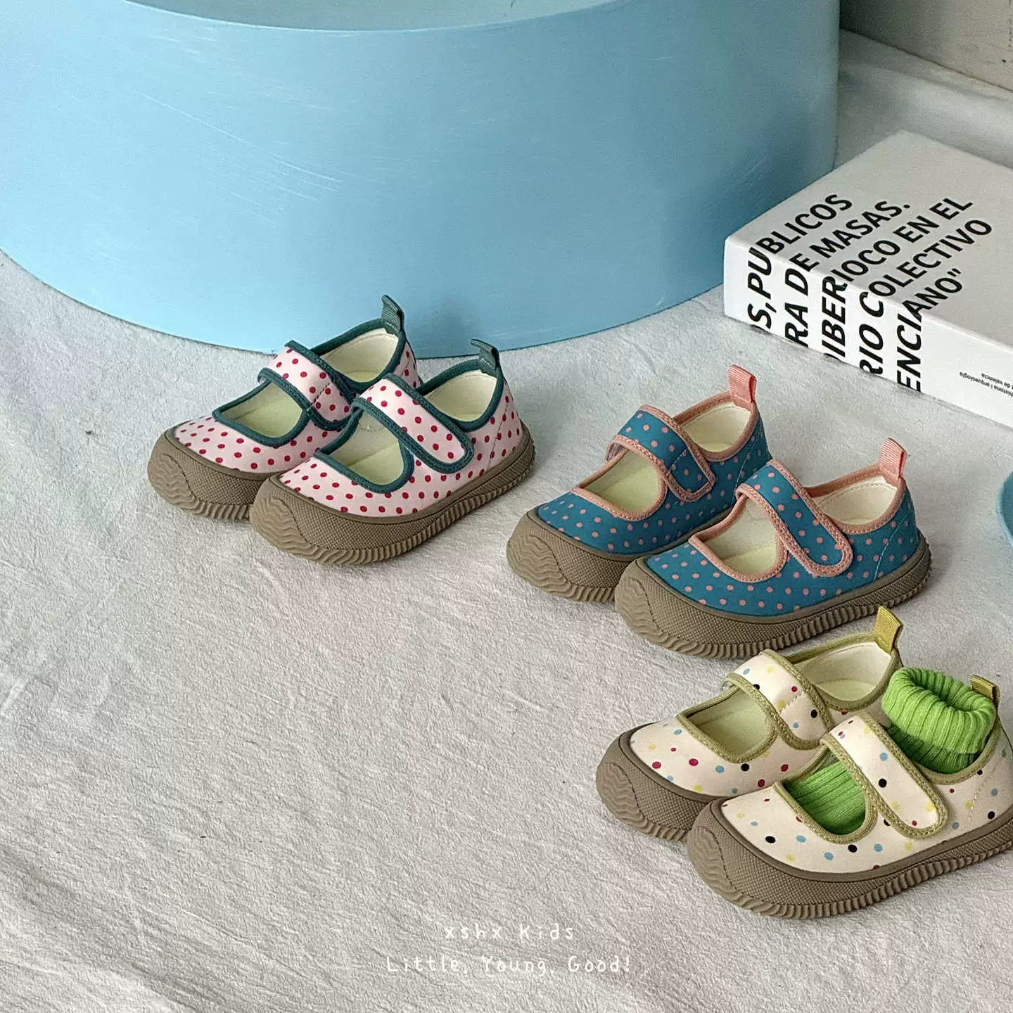 XSHX Mary Jane en tissu Polka Dot printemps doux coréen pour enfants, filles, scratch, maternelle