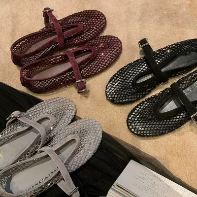 Women's Sparkle Cut-Out Fishnet Mary Jane Shoes, Flat Pumps for Spring 2026 · YANYAN China shoe factory