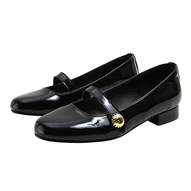 Women's French Thick Sole Retro Mary Jane Shoes, Round Toe Gold Buckle Flat Pumps
