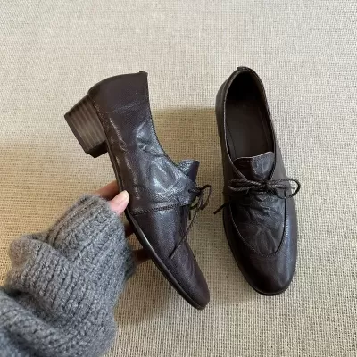 Women's French Chunky Heel Loafers, Soft Leather Lace-Up Office Shoes for Spring 2026 · YANYAN China shoe factory