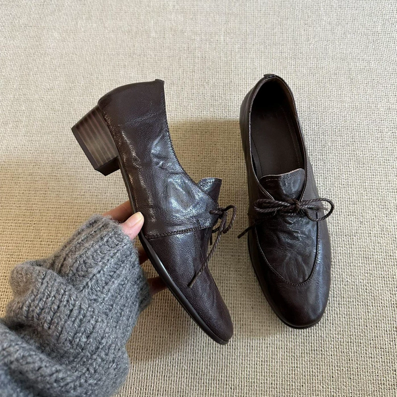 Women's French Chunky Heel Loafers, Soft Leather Lace-Up Office Shoes for Spring 2026
