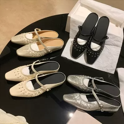 Women's French Pleated Toe Mules, 3.5cm Heel Buckle Strap Slippers for Spring 2026 · YANYAN China shoe factory