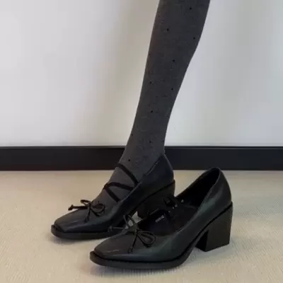 Women's Bow Ballet Flats, Brown Retro Square Toe Chunky Heel Mary Jane Pumps · YANYAN China shoe factory