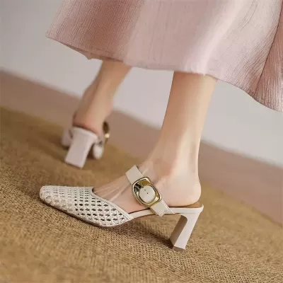 Women's Summer Silver Woven Cut-Out Heeled Sandals, French Chunky Heel Slippers 2026 · YANYAN China shoe factory