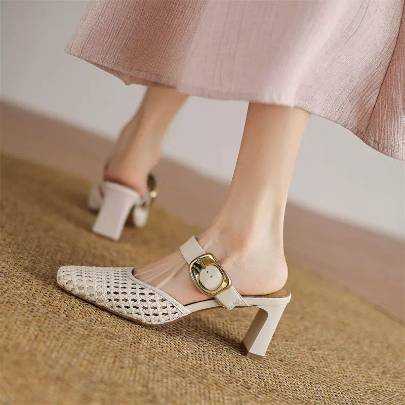 Women's Summer Silver Woven Cut-Out Heeled Sandals, French Chunky Heel Slippers 2026