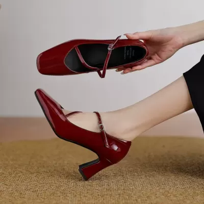 Women's Wine Red Patent Leather Square Toe Chunky Heel Mary Jane Pumps for Spring 2026 · YANYAN China shoe factory