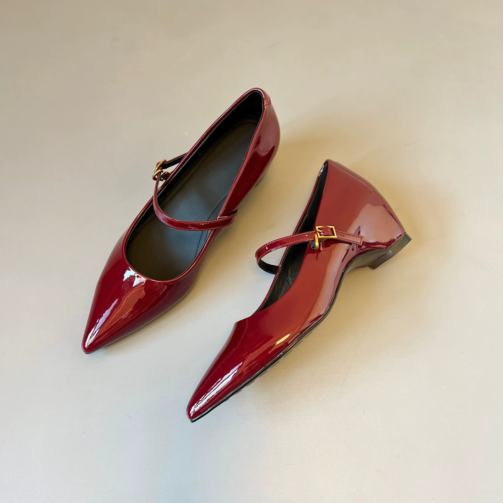 Soft Leather Women's 5cm Height Increase Red Pointed Toe Mary Jane Flats