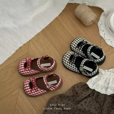 XSHX Girls Retro Plaid Mary Jane Shoes Anti-Slip Velcro Korean Style · YANYAN China shoe factory