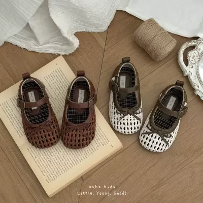XSHX Girls Woven Leather Sandals with Velcro Anti-Slip Natural Rubber Sole for Spring Summer · YANYAN China shoe factory