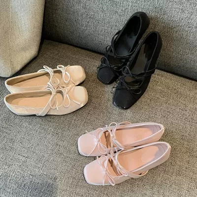 French Style 4cm Height Increase Ballet Flats Women's Square Toe Mary Jane · YANYAN China shoe factory