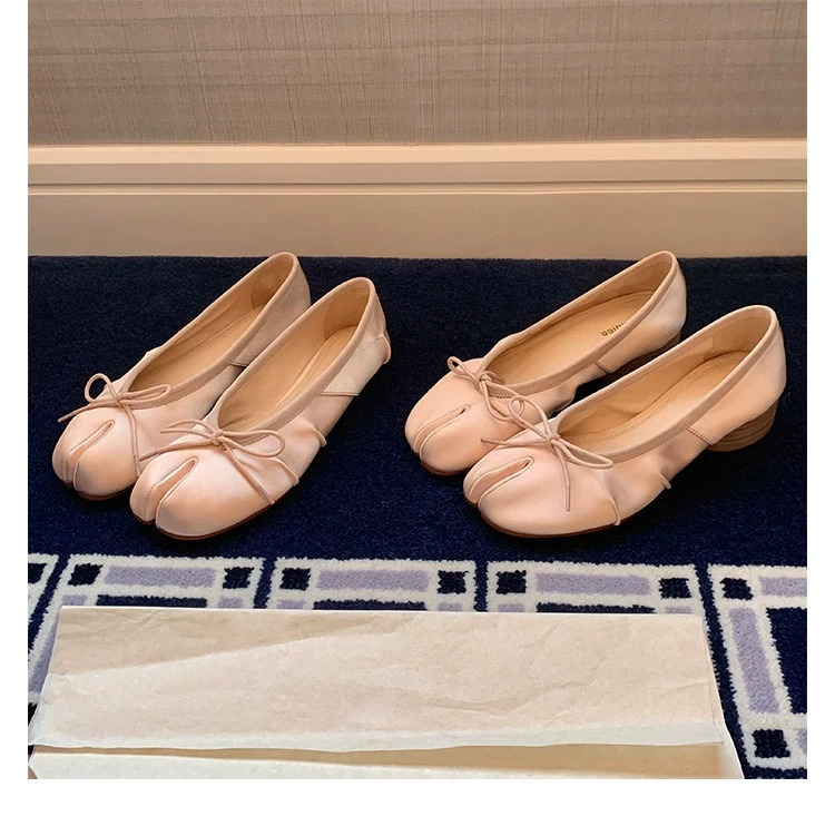 Women's Split-Toe Pleated Silk Mary Jane Flats Ballet Shoes 1.5-4.5cm Heel