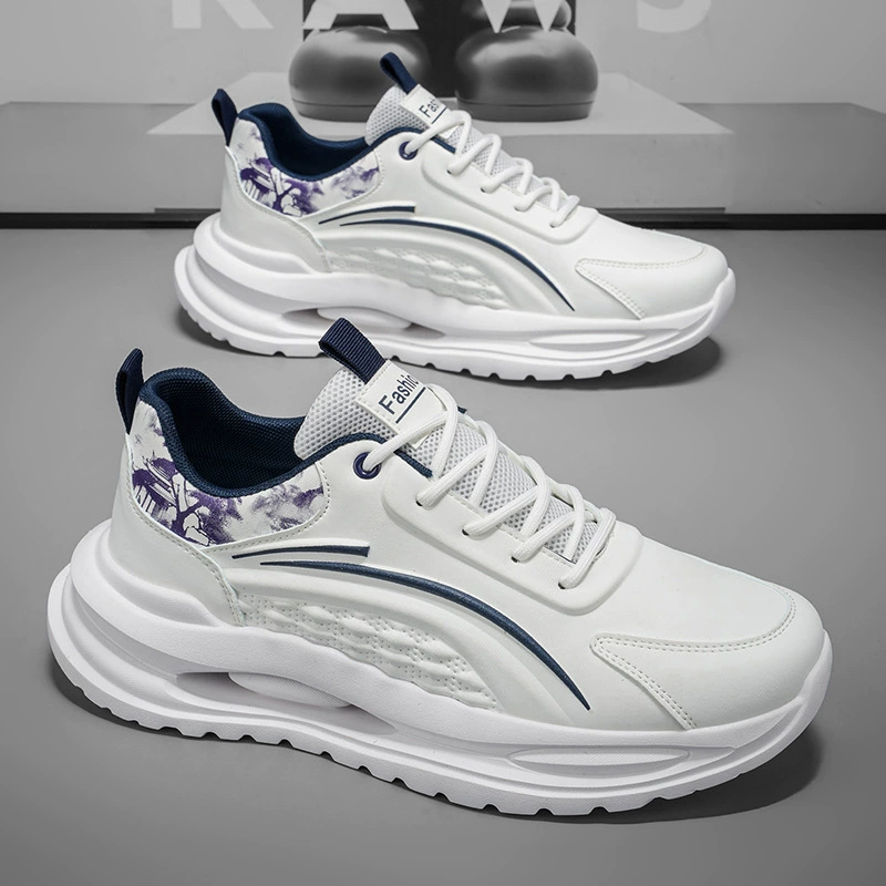 Herren Frühling Atmungsaktive Leder-Laufschuhe, dämpfend, leicht, weiße Dad-Sneaker