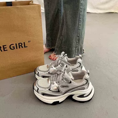 Women's Silver Chunky Sneakers 2026 Spring Summer, Thick Sole Height Increase · YANYAN China shoe factory