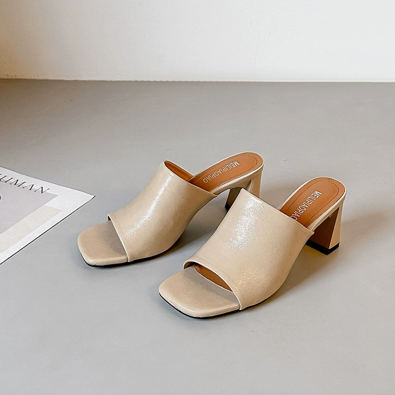 Soft Leather Women's Square Toe High Heel Sandals Summer Korean Style