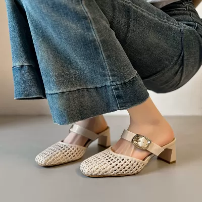 Women's Woven Sandals 2026 Summer New French Square Toe Hollow Out Mules · YANYAN China shoe factory