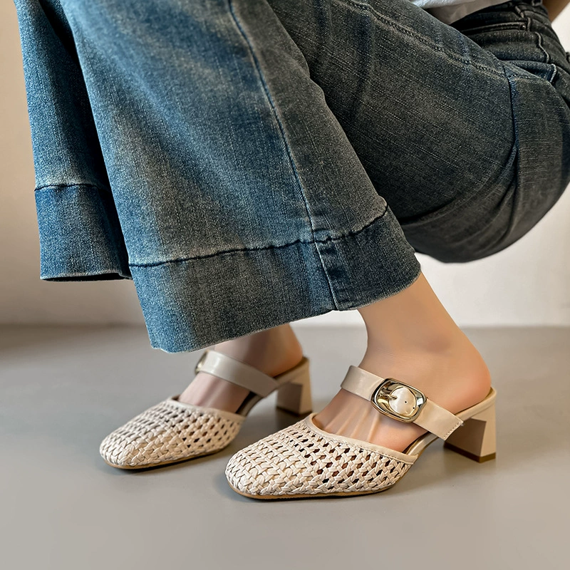 Women's Woven Sandals 2026 Summer New French Square Toe Hollow Out Mules