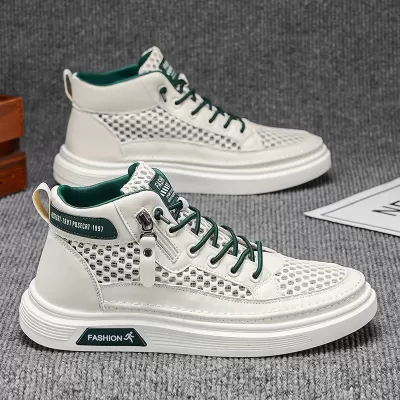2026 Spring Trendy Hollow Mesh Breathable Thick Sole Casual Men Anti-Slip High Top Board · YANYAN China shoe factory