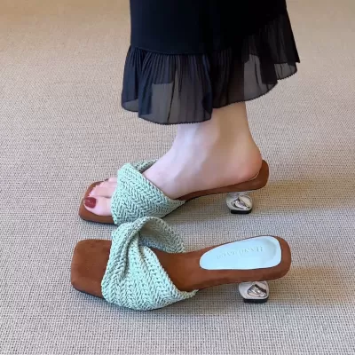 Soft Leather Women's Woven Square Toe Slippers Summer Height Increase Comfort