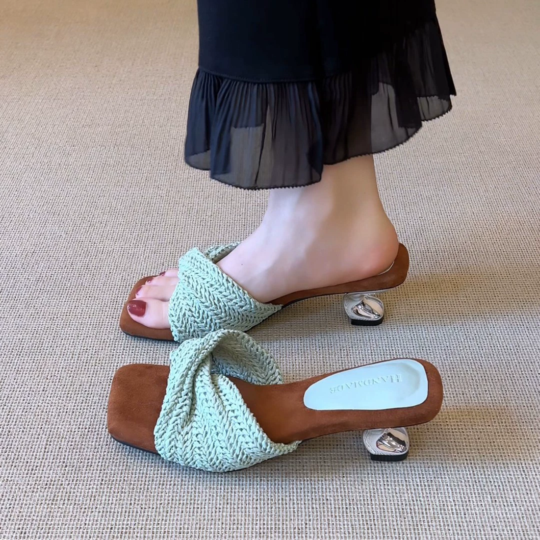Soft Leather Women's Woven Square Toe Slippers Summer Height Increase Comfort