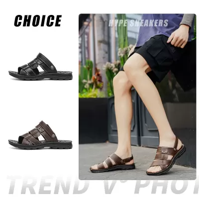 Sandálias Masculinas 2025 Verão Novo Sapatos de Praia 2 em 1 Chinelos, Couro de Vaca Respirável · YANYAN China shoe factory