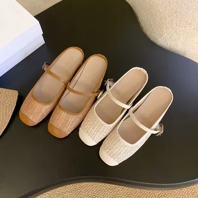 Summer New Women's 5cm Height Increase Straw Woven Square Toe Mules
